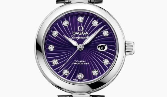 The eye-catching replica Omega De Ville 425.30.34.20.60.001 watches have purple dials.