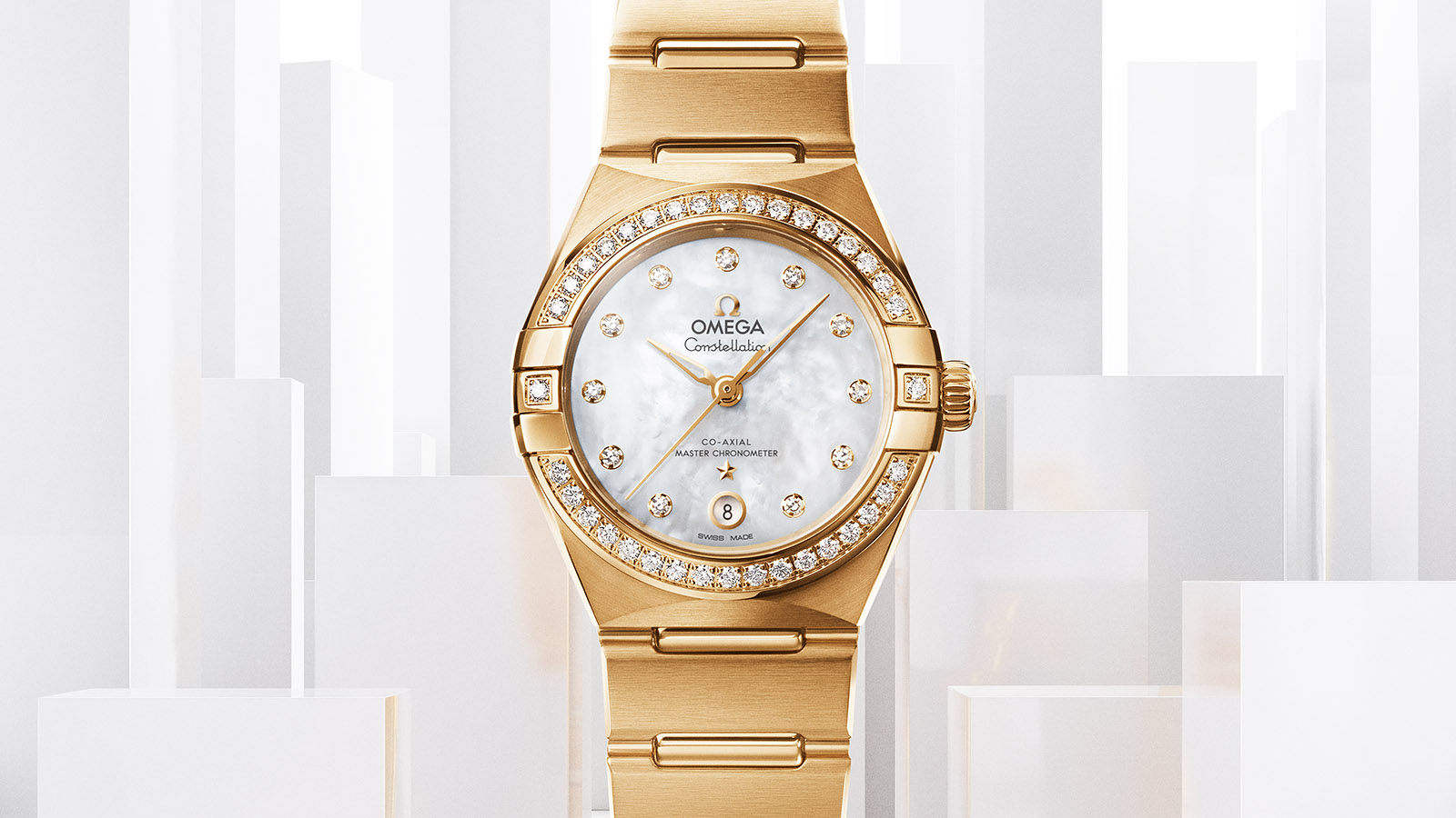 The precious replica watches have mother-of-pearl dials.