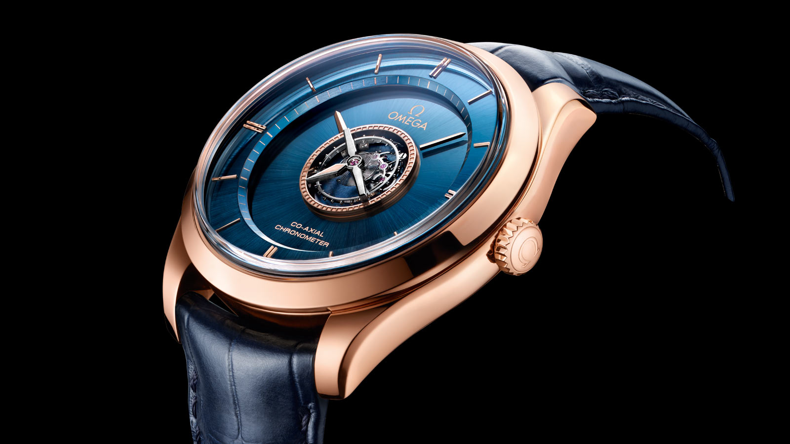 The 44 mm fake watches have blue leather straps.